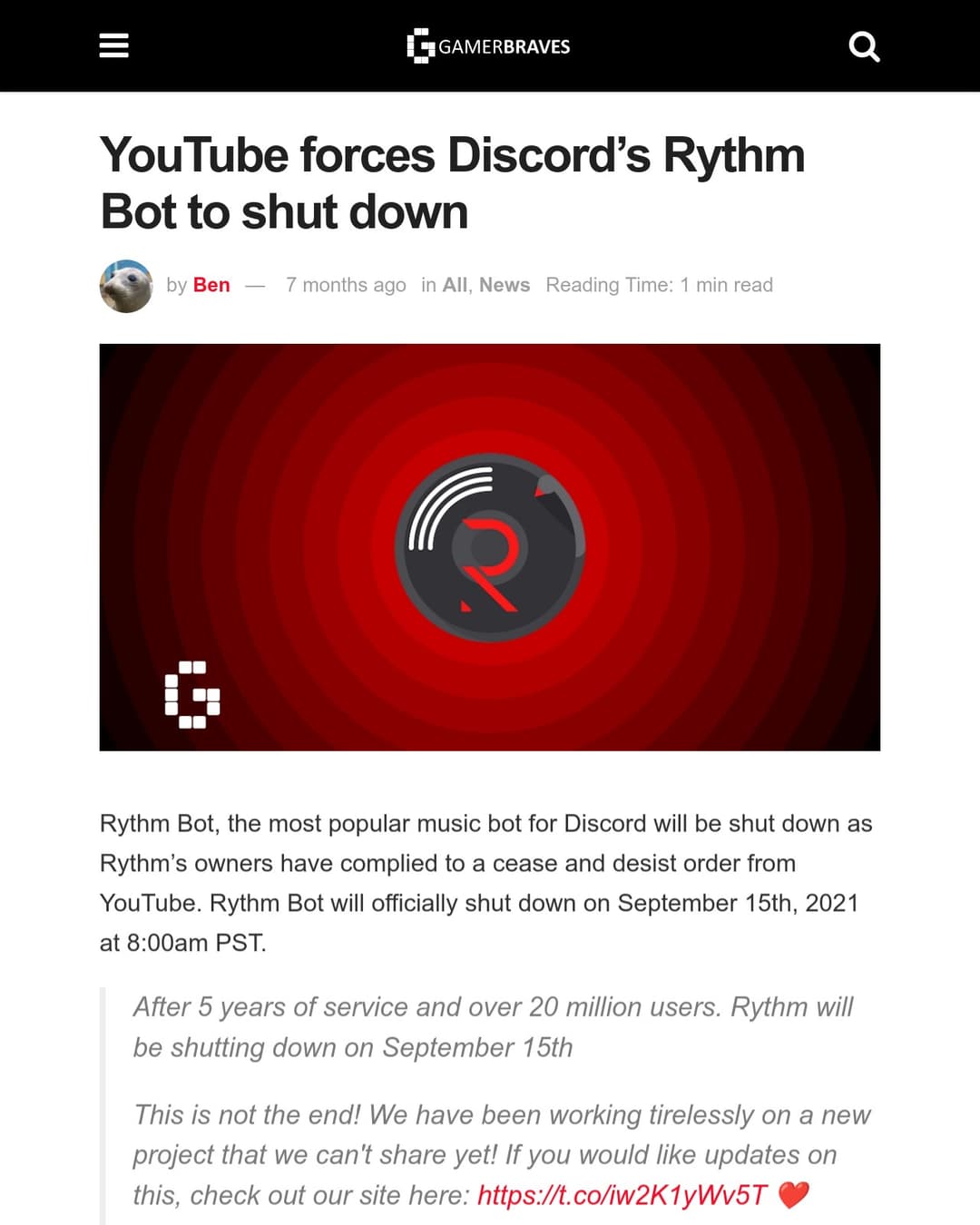 A The Verge article on Rythm's shut down